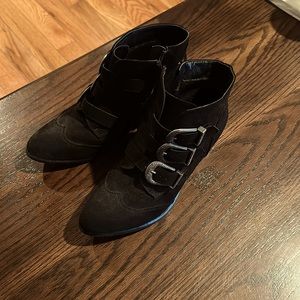 Black booties with buckles. SO brand. Size 7.5